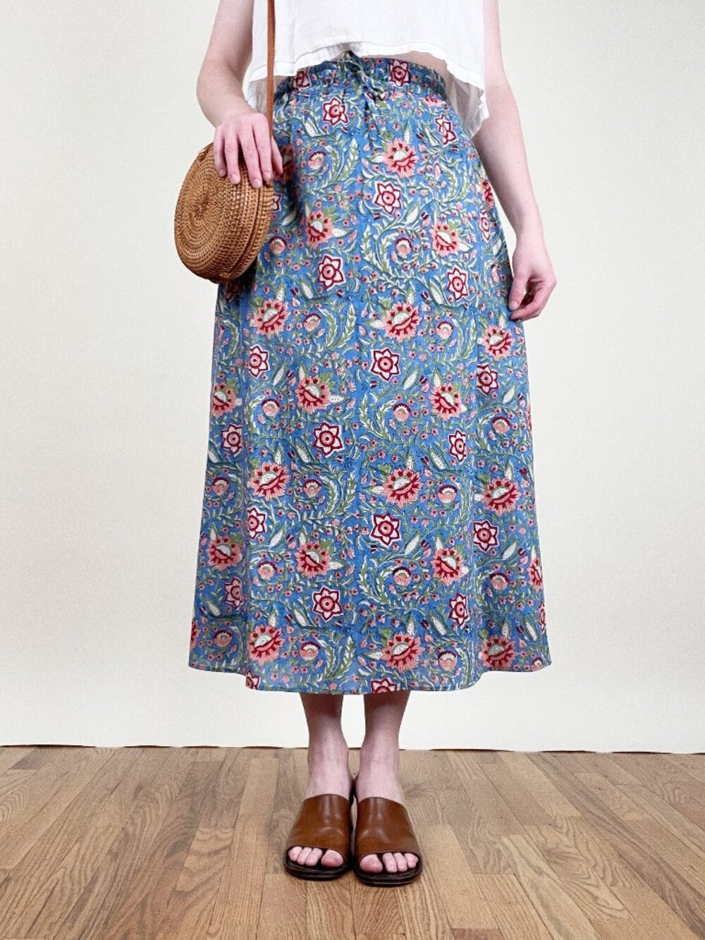 Vintage 70s Block Print Long Midi Maxi Skirt High Rise Bohemian Floral 70's Boho
